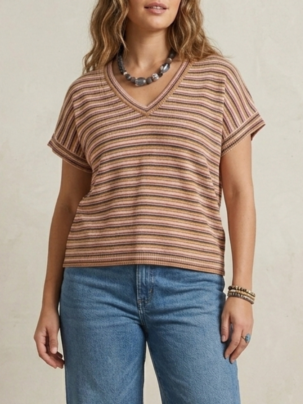 Madewell Multi Color Whisper Cotton Knit Short Sleeve Sweater Top Earth Tone